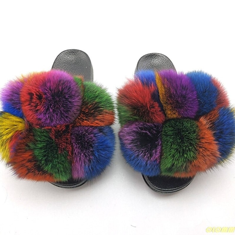 Solid Color Fox Real Fur Fluffy Slides Fur Sandals Beach Flip-Flops summer Shoes fur Slippers Fashion