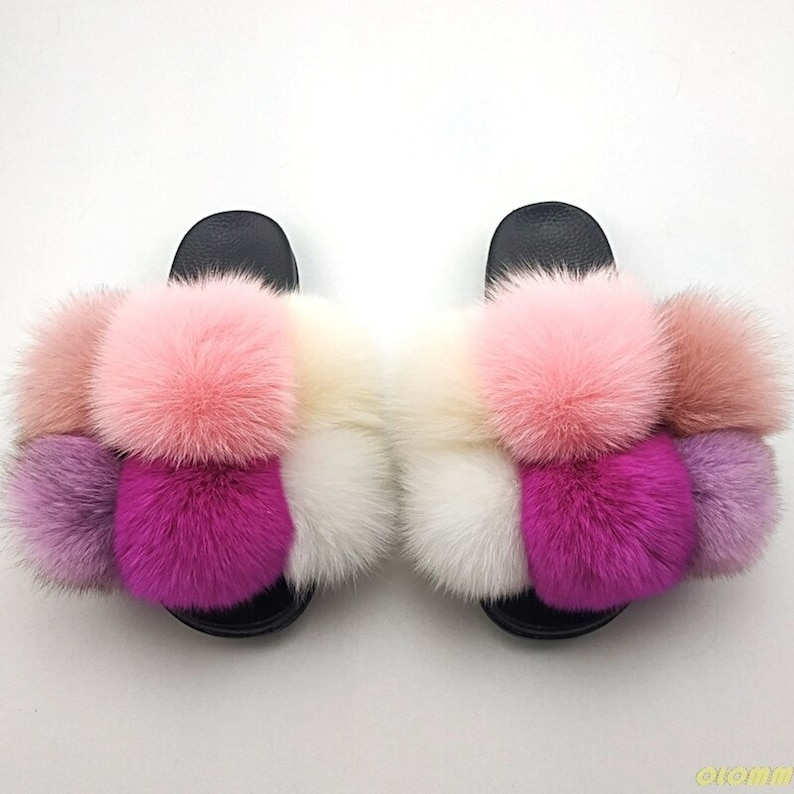 Solid Color Fox Real Fur Fluffy Slides Fur Sandals Beach Flip-Flops summer Shoes fur Slippers Fashion