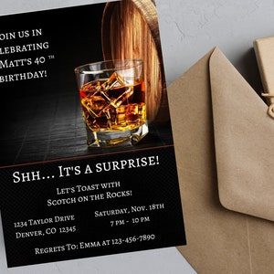 Digital Adult Birthday Party Invitation, Whiskey Invitation, Cognac, Scotch, Liquor,, 40th, 30th, Custom, Printable, Editable