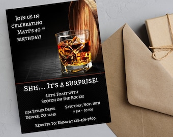 Invitación digital para fiesta de cumpleaños de adultos, whisky, coñac, whisky escocés, licor, 40.º, 30.º, personalizada, imprimible, editable