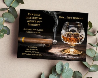 Adult Birthday Party Invitation, Guys Night Out, Whiskey, Cognac, Cigar, Scotch, 50th, 40th, 30th, Adult, Custom, Printable, Digital, 4x6