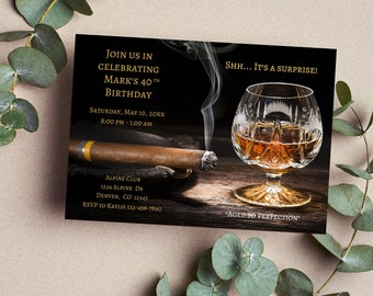 Invitación digital para fiesta de cumpleaños de adultos, invitación de cumpleaños, licor, editable, cigarro, whisky, personalizada, imprimible