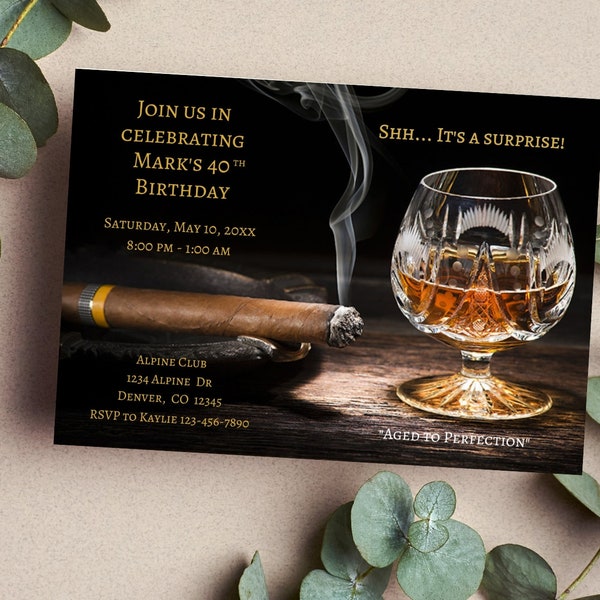 Adult Birthday Party Invitation,  Birthday Invitation, Liquor Invitation, Adult Invitation, Cigar, Whiskey, Custom, Printable, Digital