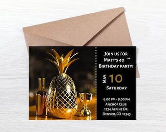 Adult Birthday Party Invitation,  Birthday Invitation, Liquor, Adult Invitation, Men’s, Gold, Gold Invitation, Custom, Printable, Digital