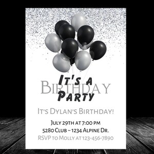 Digital Adult Birthday Party Invitation, Birthday, Adult, 40th, 30th, Balloons, Black and White, Simple, Custom, Printable, Editable
