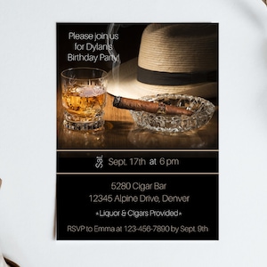 Digital Adult Birthday Party Invitation, Whiskey, Cigar, Cognac, Scotch, Liquor, Fedora, 40th, 30th, Custom, Printable, Editable