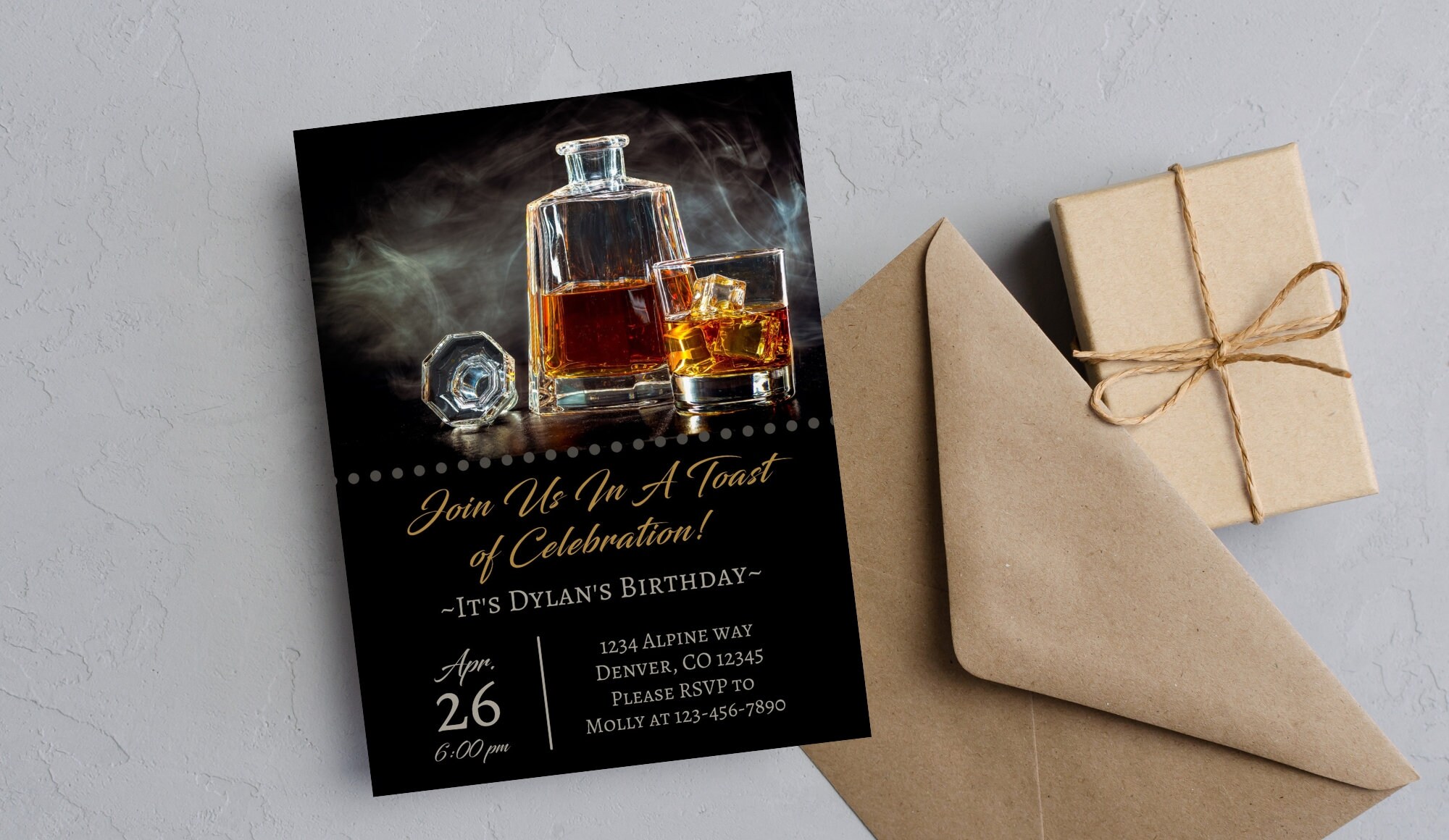 Invitación digital para fiesta de cumpleaños de adultos, whisky, coñac, whisky escocés, licor, 40.º, 30.º, personalizada, imprimible