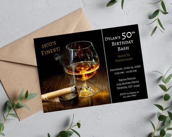 Adult Birthday Party Invitation, Guys Night Out, Whiskey, Cognac, Cigar, Scotch, 50th, 40th, Adult, Custom, Printable, Digital, 4x6