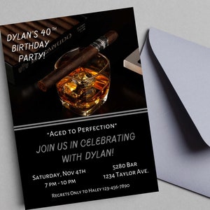 Digitale alcoholische drank verjaardagsuitnodiging, whisky, heren, whisky, 30e, 40e, sigaar, avondje uit, custom, afdrukbare, bewerkbare