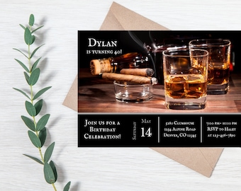Invitación digital para fiesta de cumpleaños de adultos, cumpleaños, licor, ron, invitación para adultos, cigarro, whisky, personalizada, imprimible, editable