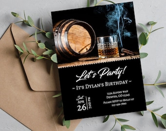 Invitación digital para fiesta de cumpleaños de adultos (Whisky, coñac, whisky escocés, licor), personalizada, imprimible y editable.