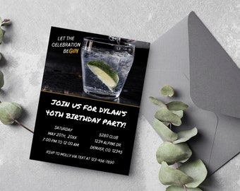 Adult Birthday Party Invitation, Gin and Tonic, Gin, Liquor, 21st, 30th, Bachelor Party, Bachelorette, 40th, Custom, Printable, Digital, 4x6