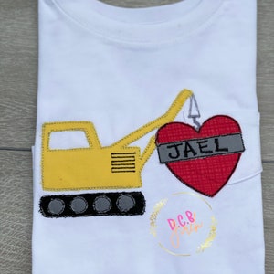 Boys Valentine Construction Shirt| Personalized Name Shirt&#39;s| Boy&#39;s Excavator Shirt| Boy&#39;s Customized Red Heart Named Shirt|
