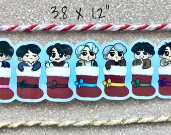 May include: Seven cartoon characters in red and white Christmas stocking boots with different colored bows. The characters are wearing different outfits and have different hair colors. The text "3.8 x 1.2" is written above the image.