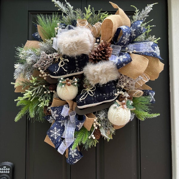 Blue Christmas Ice Skating Theme Winter Wreath for the Front Door, Extra Large Snowflake Rustic Lake House Outdoor Door Hanging Decoration