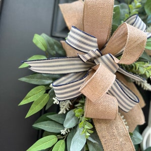 Floral Monogram Custom Wreath for your front door, Personalized Letter Door Hanger, Rustic Modern Home, Initial Greenery everyday wreath Navy Cream Burlap