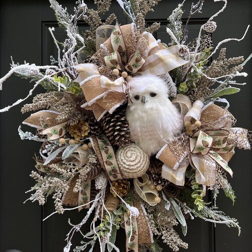 XL Elegant Owl Wreath for Front Door Winter White Farmhouse - Etsy