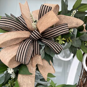 Floral Monogram Custom Wreath for your front door, Personalized Letter Door Hanger, Rustic Modern Home, Initial Greenery everyday wreath Black Tan Burlap