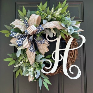 Floral Monogram Custom Wreath for your front door, Personalized Letter Door Hanger, Rustic Modern Home, Initial Greenery everyday wreath