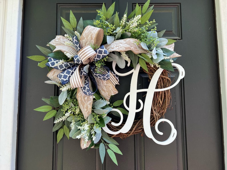 Floral Monogram Custom Wreath for your front door, Personalized Letter Door Hanger, Rustic Modern Home, Initial Greenery everyday wreath Blue Lattice & Lace