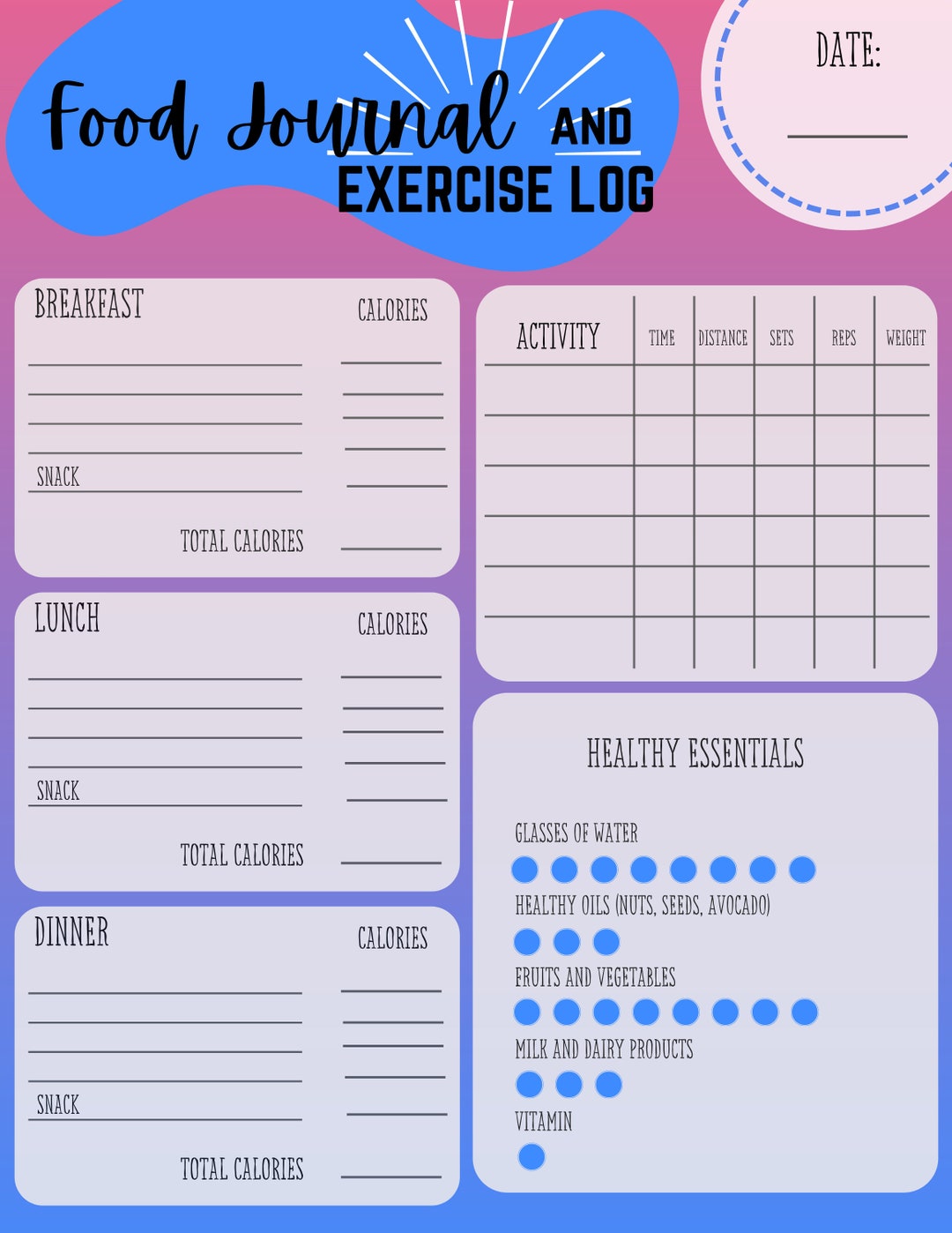 Printable Food Journal and Exercise Log - Etsy