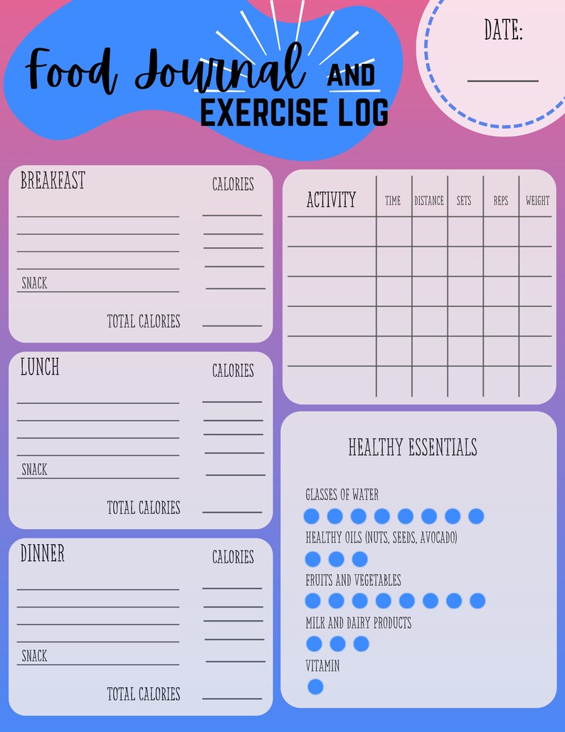 Printable Food Journal and Exercise Log - Etsy
