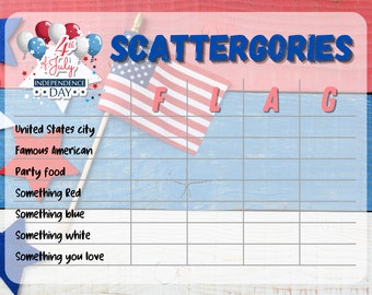 Jogo Scattergories de 4 de julho | Jogo do Dia da Independência | 4 de julho Curiosidades sobre a família | Jogo Patriótico l Curiosidades Americanas