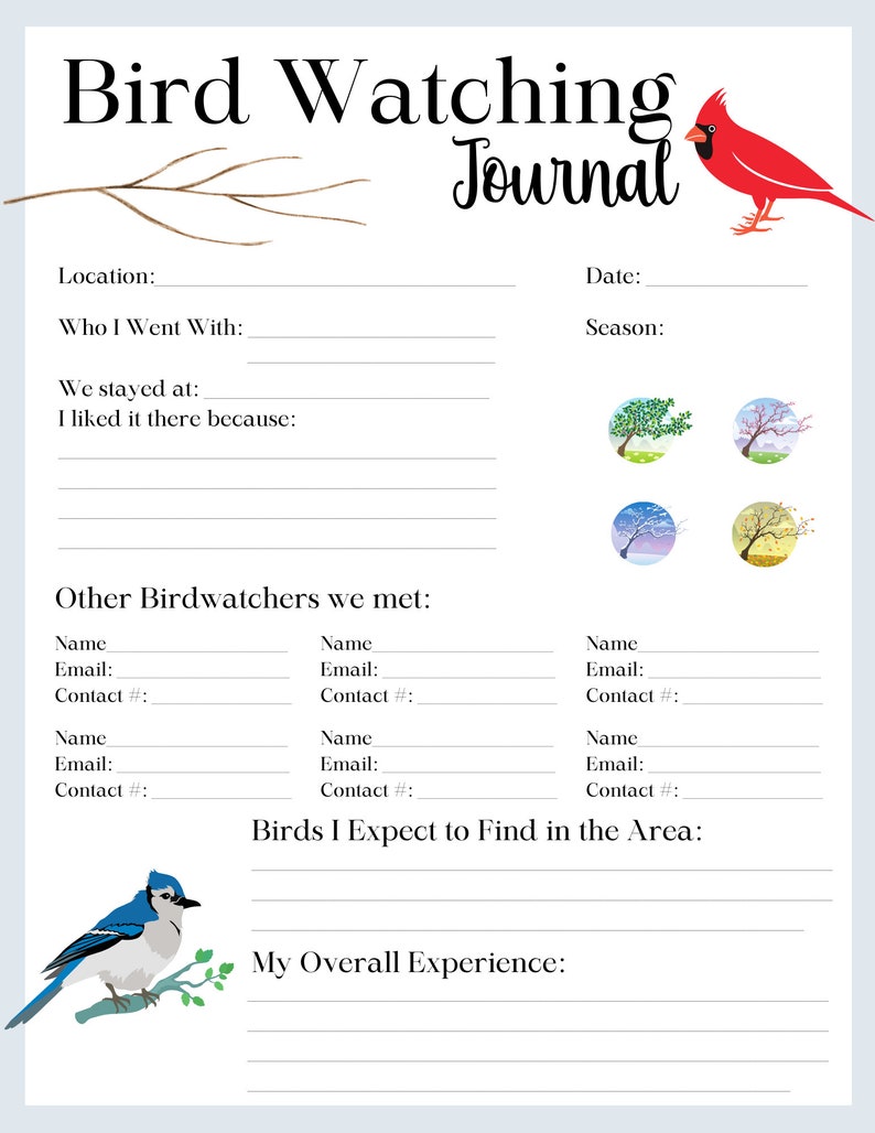 Bird Watching Journal & Log 4 Page Bird Watching Kit Bird Journal Bird Profile Bird Illustration Page Printable Bird Journal image 2