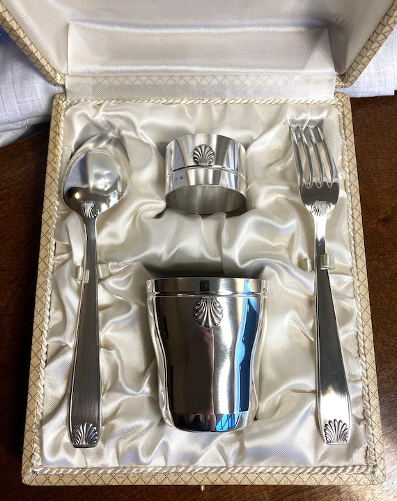 France French Art Deco Cutlery Spoon Fork Set vintage silver-plated in satin lined box from Paris