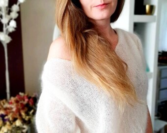 Hand-knitted crop top made of mohair blended with mulberry silk in creamy white colour size XS-M, see through, mesh, handmade, gift