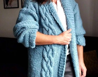 Chunky Cable Knit Cardigan Handmade Alpaca & Virgin Wool Oversized Women’s Holiday Gift Cozy Layer Custom Size Blanket Style Soft Low-Itch