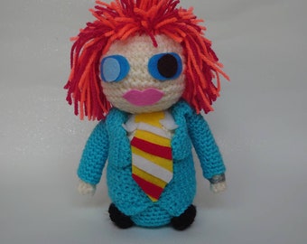 David Bowie inspired crochet art doll. Dressed in Life On Mars suit.