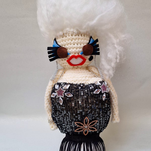 Divine, Candy Floss Hair Disco Queen and Drag Queen inspired crochet art doll, based on the wonderful Harris Glenn Milstead...