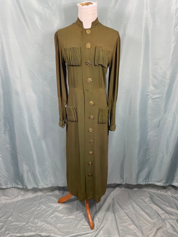 1930s Vintage Army Green Military-Inspired Dress w