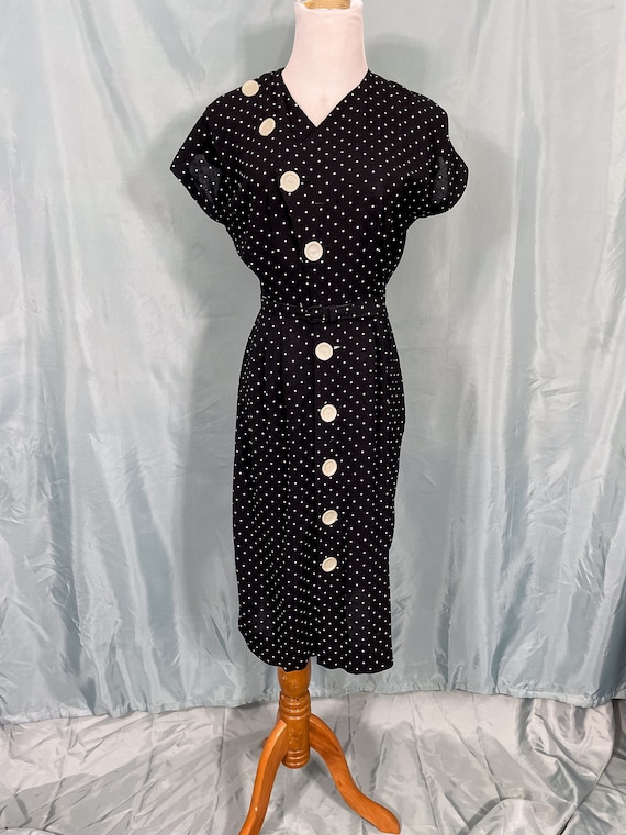 1940s Vintage Cotton Black & Cream Polka Dot Dress