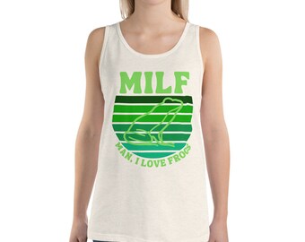 Camiseta de tirantes para mujer MILF: Hombre, amo las ranas Lindo amante de los animales y mamá Cita de la vida Humor Vintage Sunset