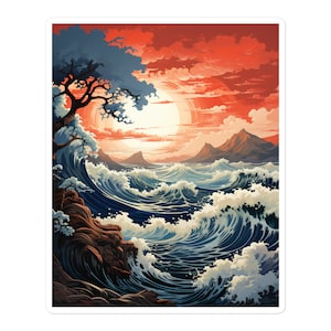 Seelandschaft Wellen gegen Felsen alte Bäume roter Himmel gelber Sonnenuntergang digitale Kunst Vinyl Aufkleber