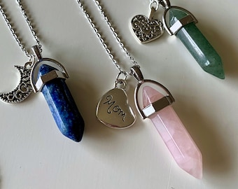 Personalized Gemstone Necklace, Rose Quartz Crystal Point Necklace, Lapis, Amethyst, Howlite, Aventurine, Gift for Her, Mother's Day Gift