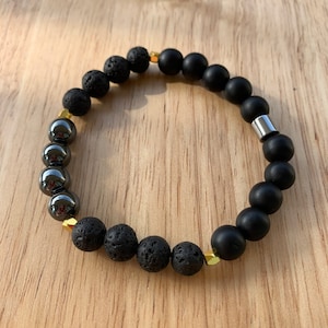 Men&#39;s Beaded Bracelet, Lava & Onyx and Hematite Bracelet, Gemstone Jewelry, Healing Crystal Stone, Gift for Him, Valentines Day Gift