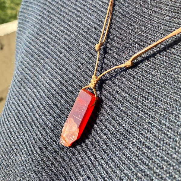 Carnelian Crystal Necklace Natural Healing Crystal Adjustable Necklace Raw Handmade Carnelian Crystal Cord Pendant Christmas Gift for Her