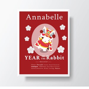 Dancing Rabbit traits - Chinese Zodiac sign birth announcement, Baby birth print, Baby Announcement, Personalized Gift