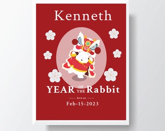 Chinese Zodiac -Year of the Rabbit birth announcement, Baby birth print, Baby Announcement, Baby girl, Baby boy, Birth stats, Nursery Gift