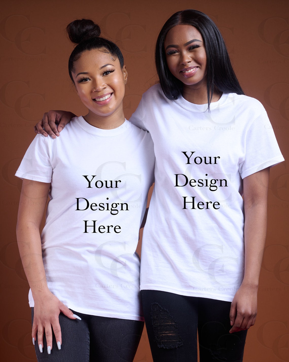 Download Black models White T-shirt Mockup black women Gildan Heavy ...