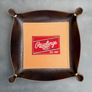 Bandeja de cuero hecha a mano con etiqueta de guante de béisbol Rawlings, organizador, contenedor multiusos y bolsillo para guardar objetos pequeños.