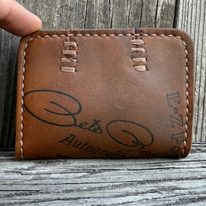 Cartera vintage hecha a mano con el logo de Pete Rose: guante de béisbol Mizuno MT1000FB, modelo autógrafo, tarjetero, minimalista, con bolsillo frontal.