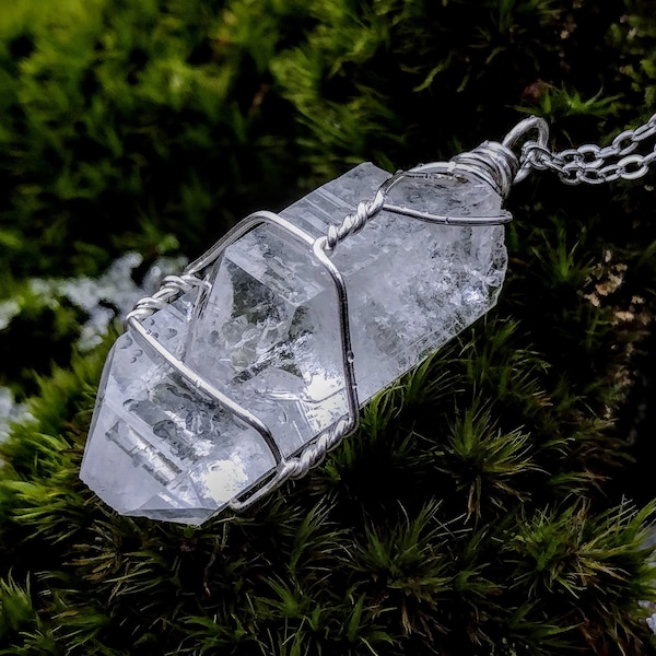 Twinned Arkansas Quartz Point Necklace, 13 Gram Silver Wire Wrapped Crystal Pendant, Natural Handmade Jewelry, Unique Fashion Accessory