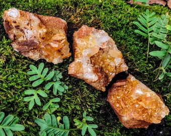 7.2oz Untreated Arkansas Quartz Crystal Clusters, Iridescent Iron Oxide Deposits, 3 Piece Gift Set, Rough Mineral Display Specimens