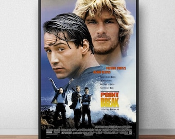May include: A movie poster for the action film "Point Break" featuring actors Patrick Swayze and Keanu Reeves. The poster has a blue and white color scheme with a large wave in the background. The text on the poster reads "Point Break 100% Pure Adrenaline".