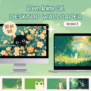 Grün Kawaii Katze Hintergrundbild | 4K Teal Kitty Hintergrund Bundle Pack Blumen Ästhetik Lofi Chibi Anime Macbook PC iphone Laptop