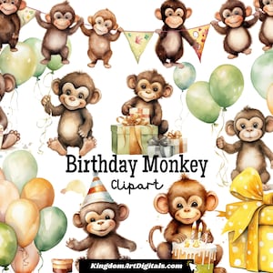 May include: A set of watercolor illustrations featuring cute monkeys celebrating a birthday. The set includes monkeys holding balloons, presents, and birthday cake. The text "Birthday Monkey Clipart" is included in the image.